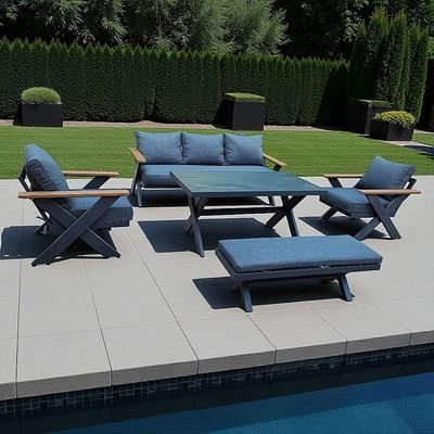 7-Seater Cross Legs Dark Grey Aluminium Garden Sofa with Big Table Wooden Color Arm Rests - Image 3