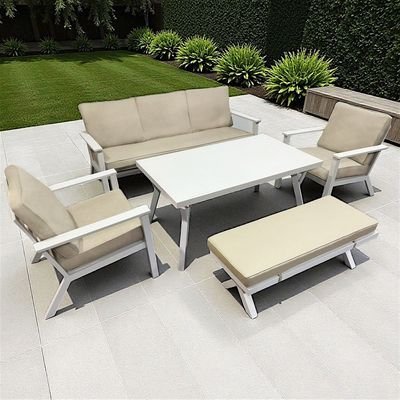 Premium 7-Seater White Outdoor Aluminium Sofa Set with Beige Cushions - Image 2