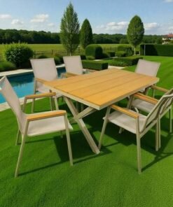 Alternative view of 6-Seater Aluminium Outdoor Dining Set – Beige Frame with Faux Wooden-Top Table and Armrests