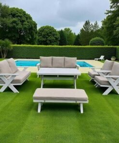 9-Seater Cross Legs White Aluminium Garden Sofa with Big Table