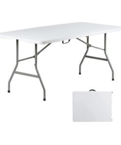 Alternative view of Plastic Folding Table Fold-in-Half Metallic Frame Portable Multi-purpose Carry Handle 6-8 Persons Dining Living Office Camp Picnic Beach Furniture 75*180*75cm