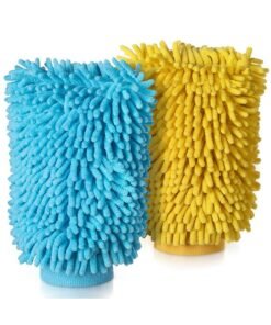 Microfiber Car Wash Mitt, Pack of 2, Microfibre Noodle Car Cleaning Mitts, Streak-Free Scratch-Free Super Absorbent Soft, For Lifting Stubborn Dirt (Blue & Yellow)