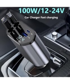 Changli Retractable Car Charger, 4 in 1 Fast Charging Car Charger USB-C & USB-A, Retractable Cables Compatible with iPhone 16/15/14/13/12/11,Galaxy,Pixel