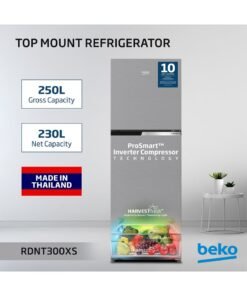 Beko 250L Gross (230L Net) Capacity, Double Door Refrigerator, Top Mount, No Frost, Harvest Fresh Technology, NeoFrost Dual Cooling, Low Noise, 10 Years Warranty on ProSmart Inverter Compressor, Made in Thailand RDNT300XS Grey