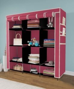 GTC ® 12 Layer Collapsible Portable Foldable Wardrobe Storage Organizer Shelves for Clothes Racks Fabric Almirah Non Rustable Iron Storage Unit (88250) (Maroon)