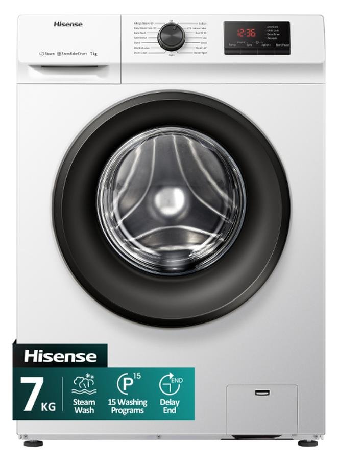 Hisense 7KG Front Loading Washing Machine WFVB7012M, 1200RPM, 15 Washing Programs, Steam Wash, Delay End, Drum Clean, Efficiency A, Quick Wash, Snow Flake Drum, Self-Diagnosticfault Finding WFVB7012M White