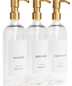 KIBAGA Stylish Shampoo and Conditioner Dispenser Set of 3 - Modern 21oz Shower Soap Bottles with Pump and Labels - Easy to Refill Body Wash Dispensers for an Instant Bathroom Decor Upgrade Clear