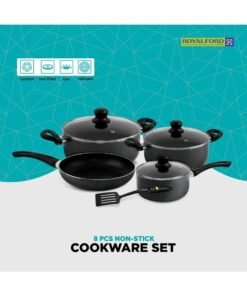 Royalford 8 Pieces Non-Stick Cookware Set Cd Bottom 2.5Mm Thichness Heat Resistant Exterior Strong Aluminium Body Easy Grip Bakelite Handle Durable Interior Pfoa Free Black  24 CM Casserole with Lid 20 CM Casserole  With Lid 18 CM Saucepan With Lid 24 CM Frypan Nylon turner Black 54.5X20X33cm