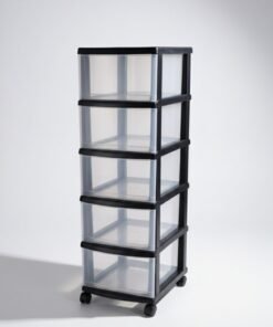 Marcolo 5-Layer Black Plastic Storage Drawers Cabinet with Wheels – Multi-Purpose Organizer with 5 Spacious Pull-Out Drawers – Durable Storage Unit for Clothes, Toys, Office & Home