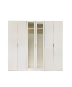 DANUBE HOME Orion 6-Door Swing Door Wardrobe with 2 Fluted Glass Doors & LED - Stylish Beige/Brushed Gold Engineered Wood Wardrobe with Mirror