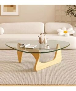 Raffine Mid-Century Abstract Design Modern Coffee Table with Solid Wood Frame Small Triangular Side Table with Clear Glass Top Vintage Center Table for Living Room Patio Balcony 91x65x40 cm