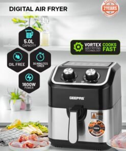 GEEPAS Air Fryer With 5 L Equipped With Vortx Air Frying Technology| Oil Free Cooking  Adjustable Timer And Temperature 5 L 1600 W GAF37528 Black