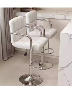Modern Height Adjustable Bar Stool, PU Leather Swivel Counter Chair with Back Support, 360 Degree Rotation, Hydraulic Lift, White Cushioned Seat for Kitchen Island (White, 1 PC)