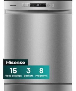 Hisense Freestanding Stainless Steel Dishwasher HS623E90G, 15 Place Settings, 3 Baskets, 8 Programs, Slidable 3rd Basket, Easy Lifting, Flexible Bottom Basket, Top Spray Arm, Hygiene Wash, Air Dry, Aqua Protect System, Crystal Wash, Power-off Memory, Self Clean, Super Silent Operation 44 kg HS623E90G Grey