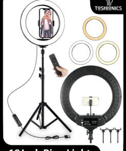 Toshionics 18 Inch LED Photography Ring Light Circle Studio Selfie Light Dimmable With 2.1 Meter Tripod Stand Remote And Mobile Phone Holders For Makeup Camera Photography YouTube Video TikTok Vlog Live Stream White