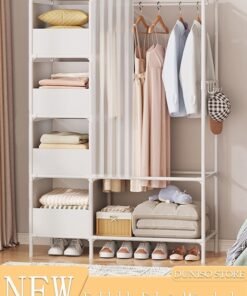 DUNISO Portable Fabric Wardrobe, Non Woven Fabric Cloth Cabinet with 4 Storage Box, 4 Hooks and Curtain, Large Capacity Closet, Storage Organizer for Clothes Shoes Bedroom Living room