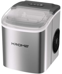 Krome Ice Maker Machine, 12kg/24h Capacity, 9 Bullet Cubes per Cycle, LED Display, Removable Basket, Soft-Touch Controls, Auto Clean, Ice Scoop Included, Ice Full & Water Alerts, 180 W KR-IM12SH Grey