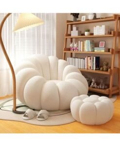 fashionhome Modern Nordic-Inspired Lamb Fleece Sofa Set with Plush Flower-Shaped Design – Minimalist Accent Seating in Soft Bouclé Fabric Featuring Petal-Like Curves for Cozy Living Rooms, Bedrooms, or Lounge Spaces 100 x 100 x 50 and 55 x 35 cm.