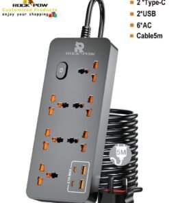 Rock Pow 5 meters Universal Extension Lead with Multiple Function UK Plug 3 Pin Socket Outlet with 6 Gang 2 USB Port 2 Type-C Port 5M Electric Socket Mains Strip for Home Kitchen and Office 5 meters