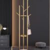 RATSAW Clothes Hanger and Rack with a Modern and Elegant Design Coat Racks Freestanding Coat Hanger Stand Hall Tree Coat Rack for Hanging Hats ScarvesBags Modern Coat Rack with Double Shelves Corner Coat Rack, 9 Hooks - Golden Colour
