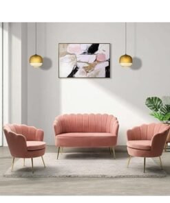 Maharat Al Bahar MAB FURNISHINGS x Crown Furniture Art 3-Piece Velvet Living Room Furniture Set - Loveseat, 2 Sofa Chairs, Modern Upholstered 2-Seater Sofa & Accent Chair (Baby Pink)