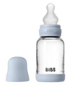 BIBS Glass Bottle Baby Bottle Round 120 Ml + Latex Teat Slow Food Flow - Baby Blue