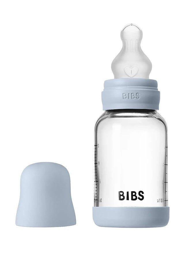 BIBS Glass Bottle Baby Bottle Round 120 Ml + Latex Teat Slow Food Flow - Baby Blue
