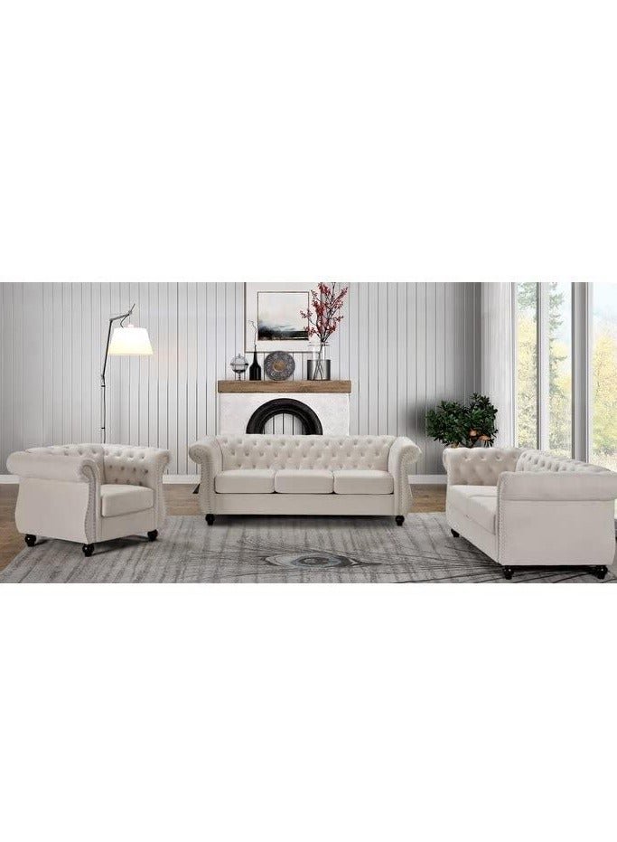 Maharat Al Bahar MAB FURNISHINGS Luxury Velvet Tufted Sofa Set - 3 Seater, 2 Seater, and 1 Seater for Living Room, Hallways, Offices, Bedroom (Beige)