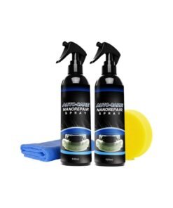 SOLARAE Nano Repair Spray - 2 Pack (120ml/4.3oz) for Car Scratch Removal on Wheels, Chrome, Paint, Metal, Plastic, Rubber, Leather, Engines, and Carpet, Includes Wipe & Sponge.