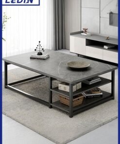 LEDIN Coffee Table Living Room Furniture Minimalistic Design Multi-Functional Table 120x60x42cm (Marble Pattern Moore Stone Color + Black Frame)