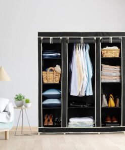 OBBO 3-Door Wardrobe Foldable Collapsible Portable Closet for Clothes Almira, 1 Hanging Space, 10 Shelves Non-Woven Fabric-162 Cm, 44 Cm, 138 Cm-Black