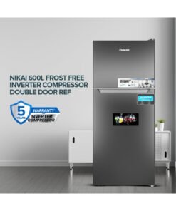 NIKAI 600L Gross & 413L Net Double Door No Frost Top Mount Refrigerator, Silent & Energy Efficient, Inverter Compressor Fridge, Frost-Free, Best for Home & Kitchen - 348.3 W NRF601FSSINV Grey