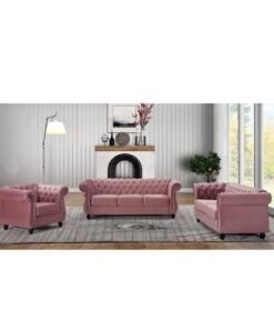Maharat Al Bahar MAB FURNISHINGS Luxury Velvet Tufted Sofa Set - 3 Seater, 2 Seater, and 1 Seater for Living Room, Hallways, Offices, Bedroom (Ash Rose)