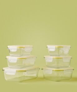 Noon East 6 Piece Borosilicate Glass Food Container Set - Airtight Lids - Lunch Box - Rectangle + Square - Food Storage Box - Storage Boxes - Kitchen Cabinet Organizers - Glass Food Container - Yellow Yellow 6-Piece (Rectangle/Square)