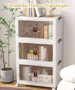 Toshionics 3 Tier Plastic Storage Cabinet – 46x70x23cm - Multi-Layer Foldable Portable Storage Bins with Rolling Wheels, Collapsible, Stackable Clothes Organizer with Magnetic Double-doors Acrylic Transparent Plastic Closet Quilt Organizer with Secure Lids and Lockable Casters Home Storage Box for Clothes, Kitchen, Pantries, Utensils, Cupboard for Toys, Snacks - Home Decor Organizer, Office Supplies, Bedroom, Bathroom Toiletries and Amenities Versatile Spacious Storage Rack- Available in Various Sizes and Layers