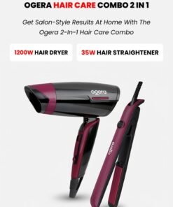 Ogera 2-in-1 Hair Care Combo – 1200W Hair Dryer with 3 Heat Settings & Overheat Protection + 35W Ceramic Hair Straightener with Fast Heating & 200°C Temperature – Model OG2900HDS, Red & Black