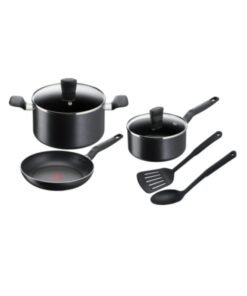 TEFAL Cookware Set of 7 Pieces | Super Cook | Frypan 24 cm/Saucepan 18 cm+lid/Stewpot 24 cm+Lid/Spoon/Slotted Spatula | Non-Stick with Thermo Signal | Aluminium | Black | 2 Years Warranty | B459S784 Black 24cm
