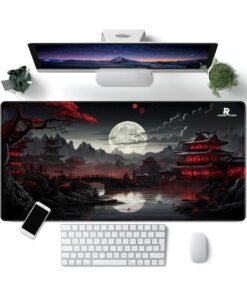 Rock Pow Japanese Desk Mat Riverside Full Moon Desk Pad Black Red Large Mouse Pad Gaming Mousepad Extended XXL Keyboard Pad 31.5 x 15.7 in Laptop Computer Mouse Keyboard Mat for Office Desk Decor