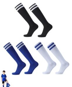 WAOKN Kids Soccer Footballs Socks 3 Pairs, 3 Colors Children Unisex Anti-slip Towel Bottom Sock Long Breathable Soccer Sock for Football, Rugby, Hockey, Running Or Training for Children Aged 5-12