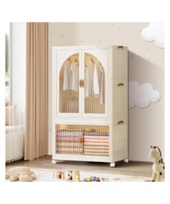 Portable Kids Closet Foldable Combination Wardrobe Baby Children's Clothes Toys Storage Cabinet Plastic Free Installation Snack Cabinet(1 Tall+1 Low）
