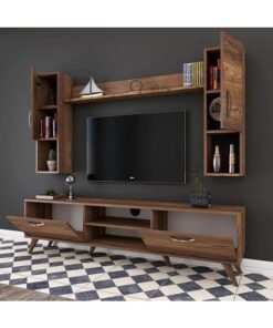Home Canvas Tv Unit With Wall Shelf Tv Stand With Bookshelf Wall Mounted With Shelf Modern Leg 180 cm - Walnut