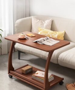 Sharpdo Living Room Sofa C-Shaped Push-Pull Small Coffee Table With Wheels Double-Layer Solid Wood Mobile Side Table 60*40*65cm