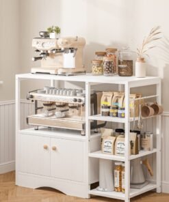FAMAPY Kitchen Storage Rack,Coffee Croner Table,Microwave Stand with Storage Cabinet &5 Hooks,Coffee Bar Cabinet,3-Tier Kitchen Cabinet for Spices, Pots(White)