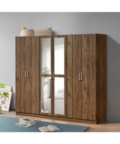 DANUBE HOME Supreme 6-Door Swing Wardrobe with Mirror – Light Walnut Finish– Spacious Bedroom Storage Cabinet with Hanging Rod & Shelves – Modern Wardrobe for Bedroom, Living Room, Hallway – Stylish Wooden Wardrobe for Home Organization