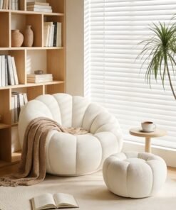 2-Piece Modern Beanbag Sofa, Plush Pumpkin Lounge Sofa With Matching Footstool, 360° Rotating Sofa, Creative Luxury Modern Living Room And Bedroom Furniture (100x95x68cm/62x38cm)