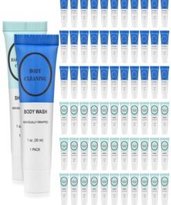 RSQAZQ Travel Size Shampoo and Body Wash Bulk, Individually Wrapped Hotel Mini Shower Gel and Small Men Women Cleansing Toiletries Amenities for Hotel/Vacation/Homeless 1 oz (3.7inch, Count, 60)