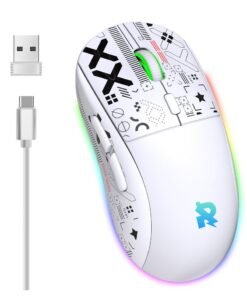 Rock Pow Gaming Mouse, Wired/Wireless/Bluetooth Tri Modes, Wireless Mouse for Laptop, Portable Type C Charging 5 Level DPI Mouse with 12 RGB Lighting Modes