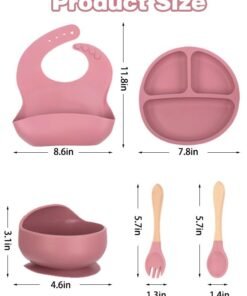 Super ZYouth 5-Pieces Silicone Baby Feeding Set, Baby Led Weaning Supplies with Suction Bowl and Divided Plate, Wooden Spoon and Fork, Toddler Tableware Set with Adjustable Soft Silicone Bib