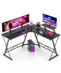 ADEBOLA Computer Corner Desk,L Shaped Gaming Table with Large Monitor Stand for Home Office,Sturdy Writing Workstation,Gaming Desk with Shelf, Save Space, 129X46X74 Cm Black