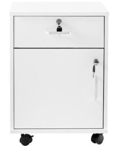 JOMILA Movable Filing Cabinet with 1 Drawer and 1 Door Lockable Office Cabinet with Wheels in White Industrial Wood